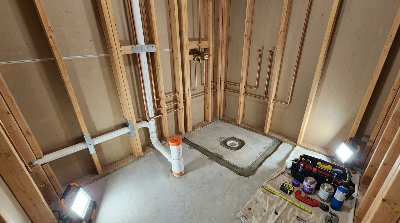 Bathroom rough-in plumbing during remodel by Johns Plumbing LLC in Elmwood Park