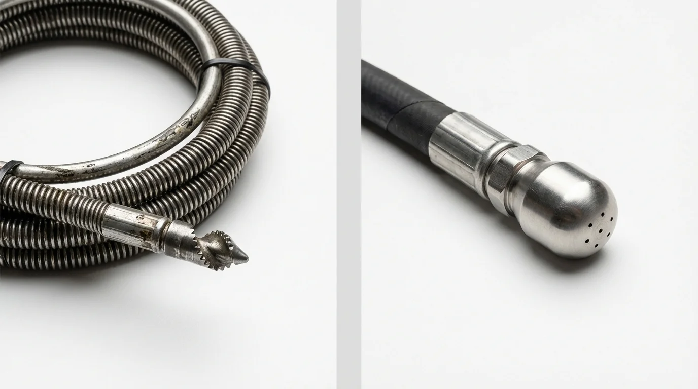 Drain snake cable and hydro jetting nozzle used for drain cleaning in Elmwood Park, IL