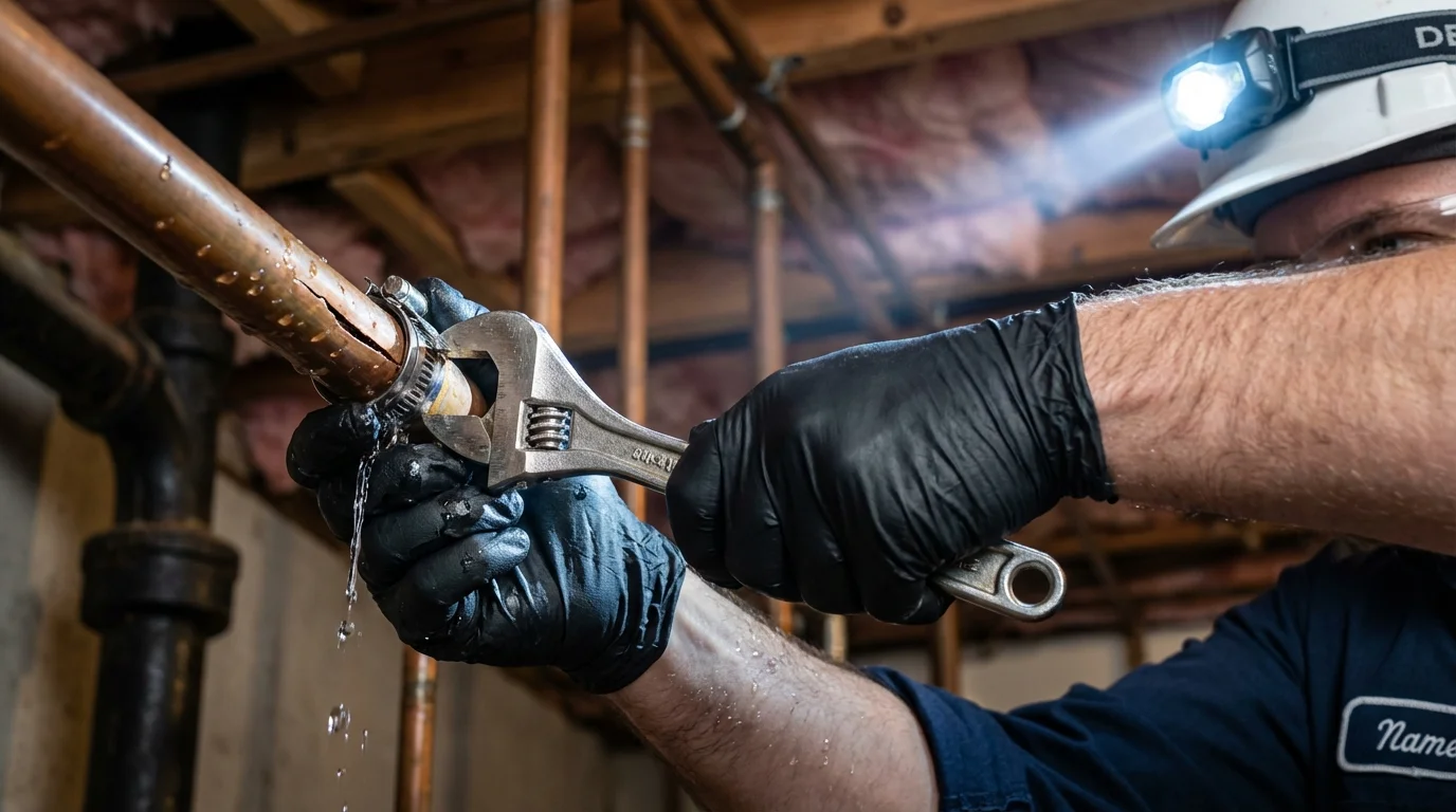 Emergency pipe clamp repair being performed by a Johns Plumbing LLC plumber in Elmwood Park