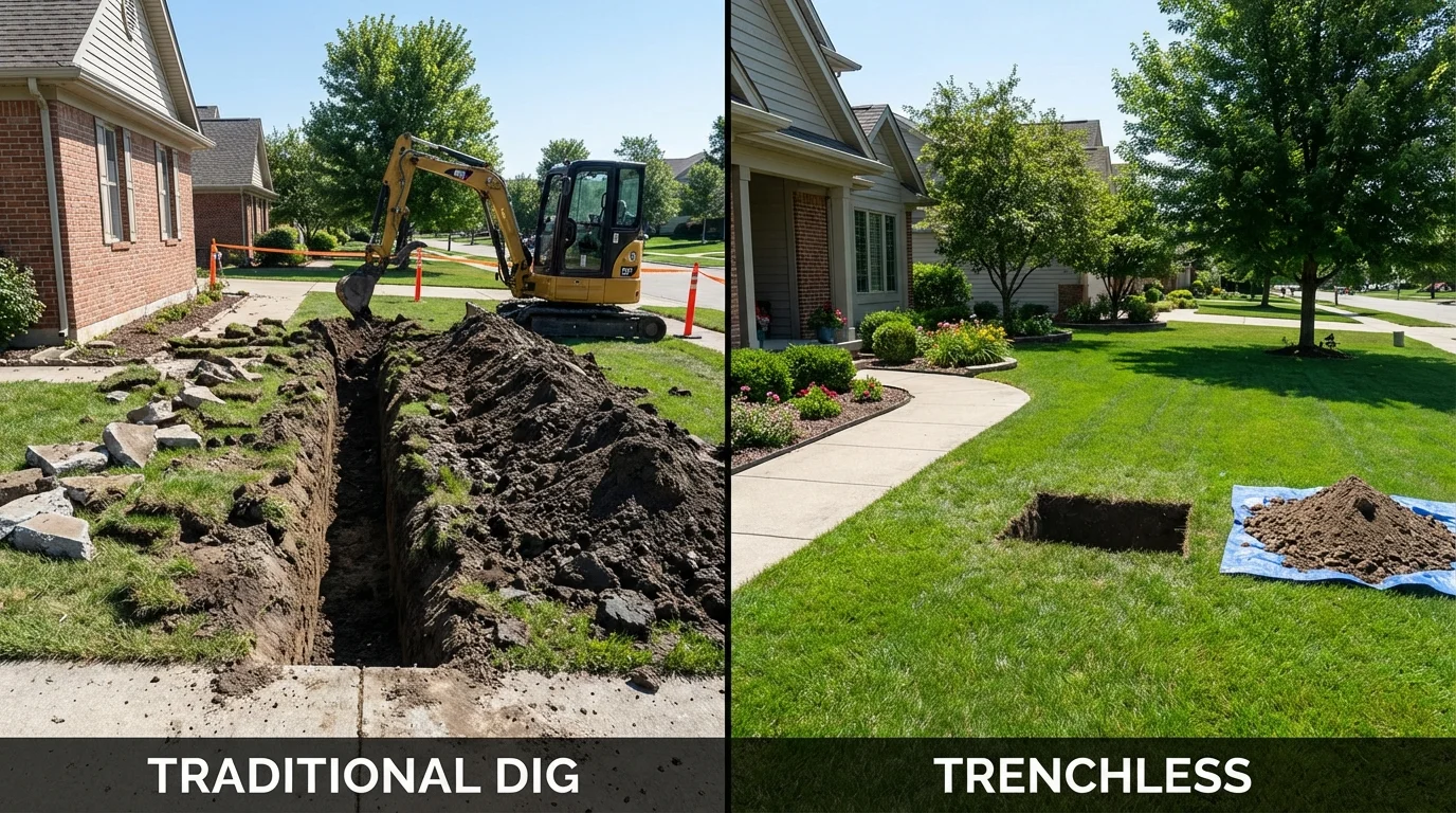 Trenchless sewer repair with minimal yard damage versus traditional excavation in Elmwood Park, IL