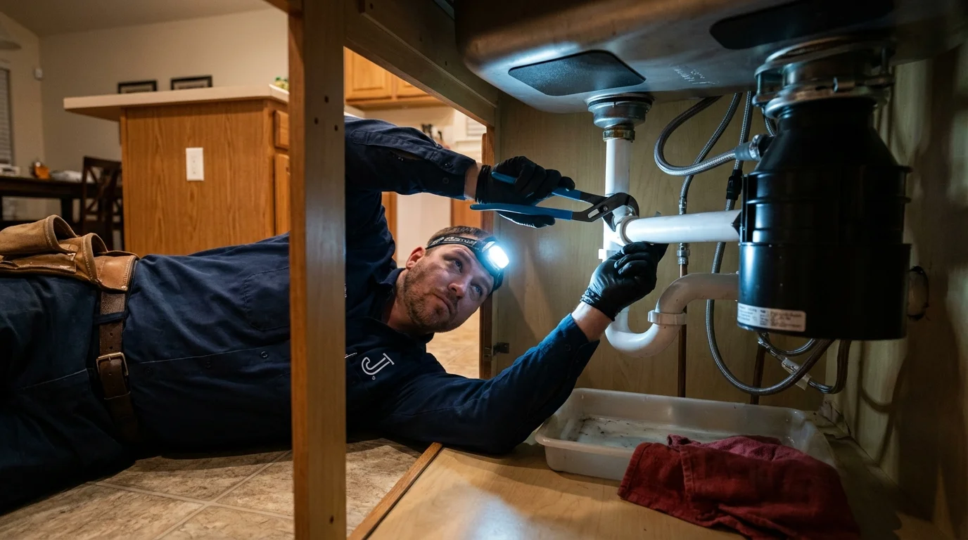 P-trap and supply line connections under a kitchen sink showing a common leak point in Elmwood Park, IL